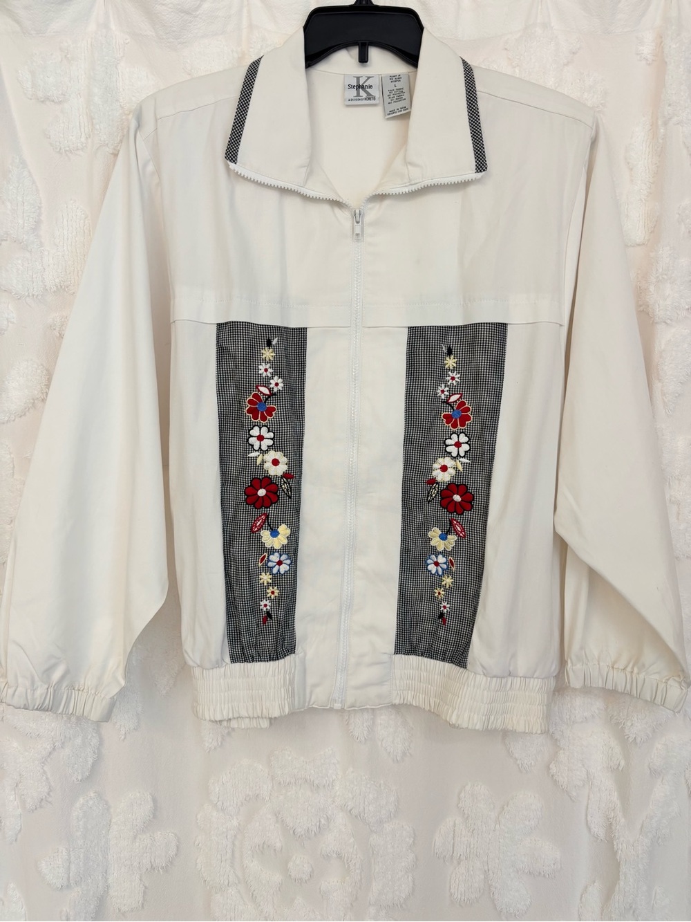 80s Koret Zip-Front Bomber Jacket with Red Floral Embroidery